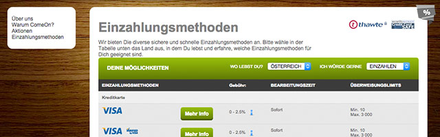 ComeOn bietet viele Zahlungsmethoden (z.B. Banküberweisung, Sofortüberweisung und Giropay)