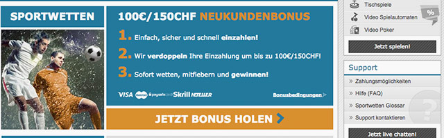 Anmelden und 100€ / 150 CHF Ersteinzahlerbonus sichern