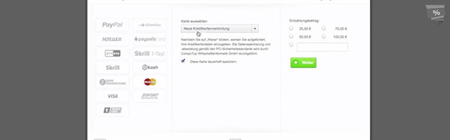 Viele Einzahlungsarten verfügbar (PayPal, Kreditkarte, Sofortüberweisung)