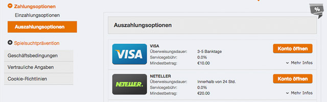 Viele Auszahlungsoptionen (z.B. Visa, Neteller usw.)vorhanden